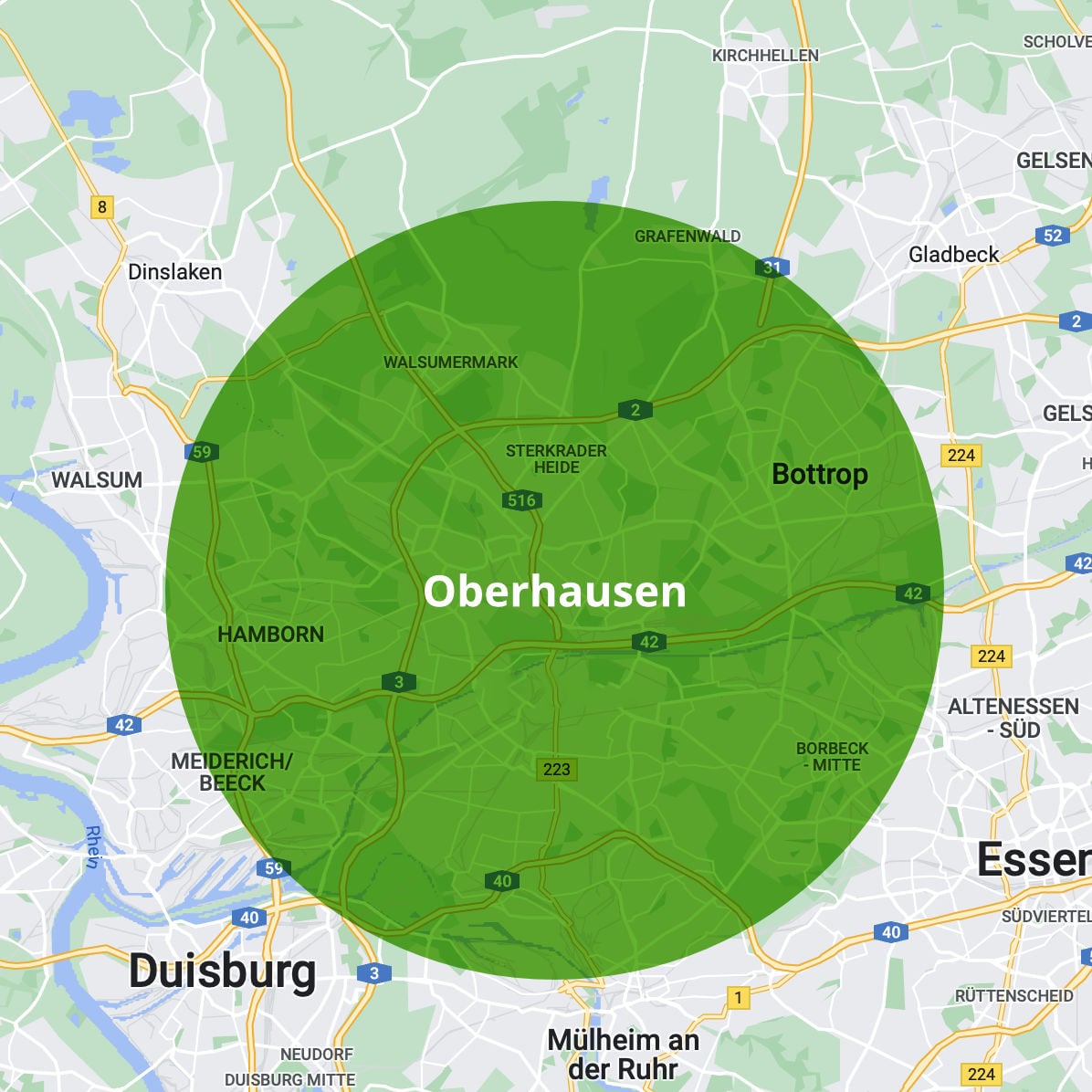 Karte mit Einsatzgebiet vom Schlüsseldienst Maaser in Oberhausen